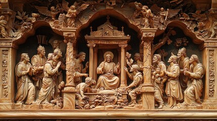 Fototapeta premium Intricate wooden carving depicting a religious scene.