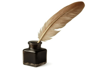 Feather quill pen dipping into inkwell on a transparent background, representing historical writing and communication