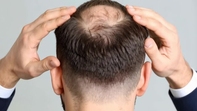 Concerned man checking receding hairline with his hands in studio, looking for thinning hair or baldness problem, rear view