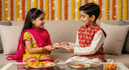 Raksha Bandhan 2025 Joyful Celebration Between Brother and Sister Kids in Traditional Attire with Rakhi and Sweets
