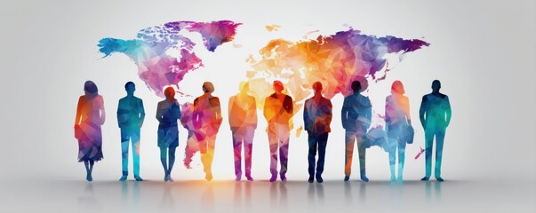 Interest rates and inflation in the world economy concepts. Silhouettes of diverse people stand in front of a colorful polygonal world map, symbolizing global connection and collaboration.