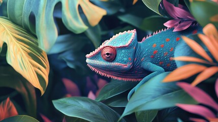 A Colorful Chameleon Is Hiding Among Exotic Green Leaves