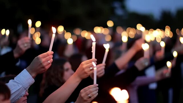 Candlelight vigil with many hands holding bright, white candles