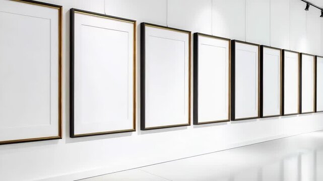 Modern gallery wall featuring a row of blank picture frames hanging in a bright white room with a reflective floor, ready for artwork