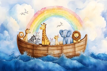 Watercolor painting of noah's ark with lion, giraffe, elephant, zebra, dove, goat and cat, with rainbow behind the boat, clouds and sunlight in the sky, blue water