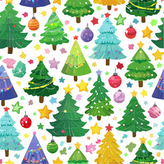 Children’s Christmas seamless vector pattern with cute decorated Christmas trees, baubles,