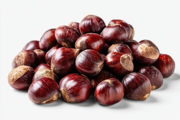 A small mountain of shiny, dark-reddish brown chestnuts sits on a plain white background, showing subtle shadows