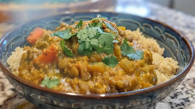 Enjoy a flavorful lentil curry with quinoa, cilantro, and veggies. Healthy, vegan, and bursting with indian spices. Perfect for a satisfying meal
