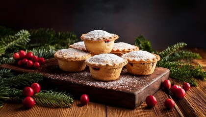 warm golden brown mince pies dusted with icing sugar arranged on a rustic wooden board surrounded by festive greenery and cranberries a traditional british christmas treat