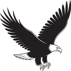 A black and white illustration of an eagle with its wings spread wide on a white background image