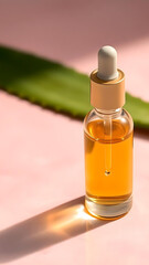Glass dropper bottle with oil on pink background and aloe leaf  