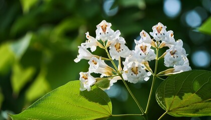 vista de cerca de flores blancas del arbol de catalpa bignonioides con fondo de follaje