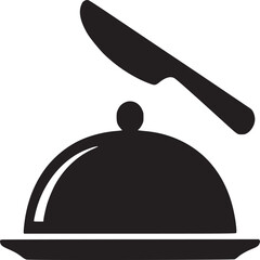 Illustration of a covered dish on a plate with a knife resting on top in a simple black and white style