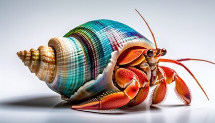unique hermit crab rests in a colorful shell on a plain white surface