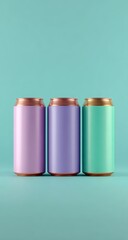 Three pastel-colored aluminum cans with copper tops stand in a row against a teal backdrop