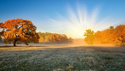 tranquil autumn landscape framed by majestic trees in soft morning light