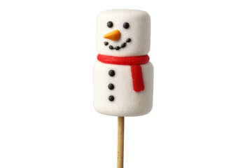 Delicious snowman cake pop wearing a red scarf, perfect for winter celebrations and holiday treats, isolated on transparent background