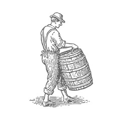 Hand Drawn Man Lifting a Heavy Barrel. Vintage rough woodcut engraving linocut style vector illustration.