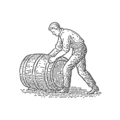 Hand Drawn Man Rolloing a Wooden Barrel. Vintage rough woodcut engraving linocut style vector illustration.