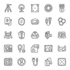 Photography and Videography Hand Drawn Icon Set – Camera, Lens, Tripod, Drone, Flash, Studio...