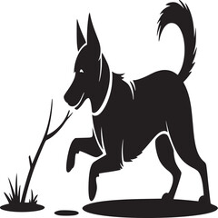 Silhouette of a dog playing with a stick near grass in a black and white vector illustration