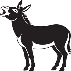 A black and white illustration of a donkey standing with its mouth open on a white background
