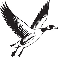 Illustration of a canada goose in flight with wings spread in black and white vector format