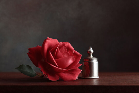 Elegant still life featuring a red rose beside a silver bell on a wooden surface against a dark backdrop. Evokes romance, beauty, and nostalgia. Ideal for themes related to love or remembrance.