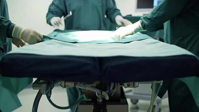 Green-draped operating table with surgeons prepping the area