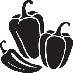 Black silhouette of two bell peppers and one chili pepper on a white background illustration