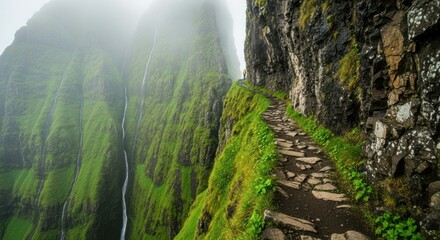 Winding Stone Path On Rocky Cliff Edge With Lush Greenery And Waterfalls In Misty Mountain Terrain