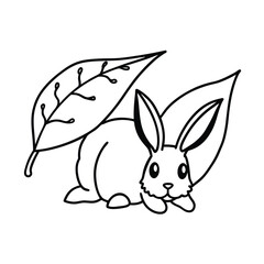 Rabbit hiding beneath large leaf after soft rainfall Vector illustration