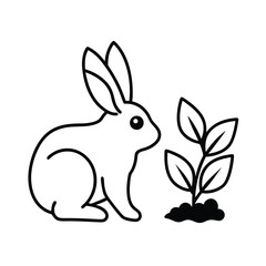 Cute rabbit eating leaves next to backyard garden Vector illustration
