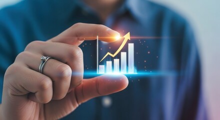Hand Presenting Financial Growth Chart with Rising Arrow on Blue Background