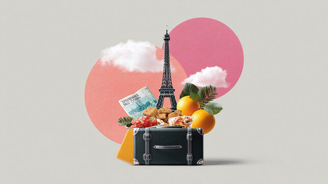 Whimsical collage featuring a suitcase topped with Parisian icons and treats. Evokes travel, culture, and culinary adventures. Ideal for tourism or lifestyle content.