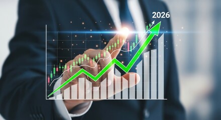 Businessman's Hand Interacts With Growth Chart Showing 2026 Financial Success In Blue And Green Tones