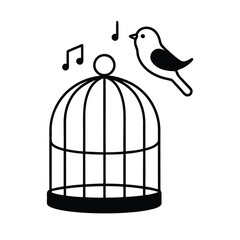 Canary singing joyfully from open cage with musical notes Vector illustration