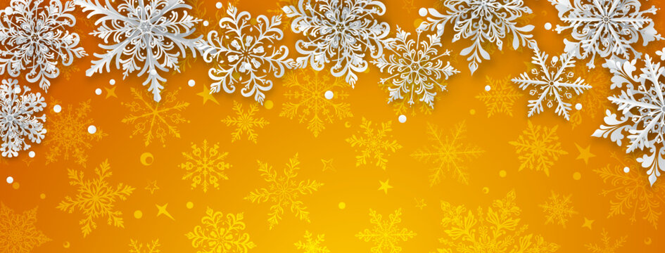 Christmas illustration featuring intricate paper snowflakes of varying sizes and designs arranged on top, white on a yellow background with silhouettes of smaller snowflakes.