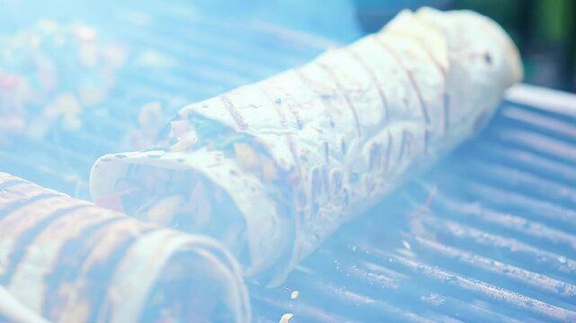 Sizzling vegetarian burritos on hot grill, perfect for summer parties. Fresh ingredients like tortilla, veggies, and peppers make them a must try