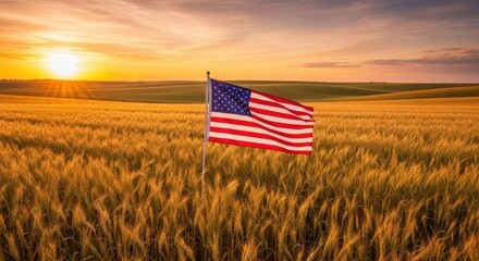 American Flag Waving In A Golden Wheat Field Under A Vibrant Sunset Sky