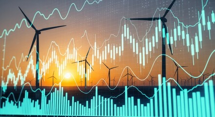 Wind Turbines Silhouetted Against Sunset Sky Overlayed With Financial Data Charts Depicting Market Trends