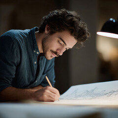 Focused artist sketching intricate designs under a lamp. Creativity, innovation, architecture, and design themes. Ideal for illustrating inspiration and skill.