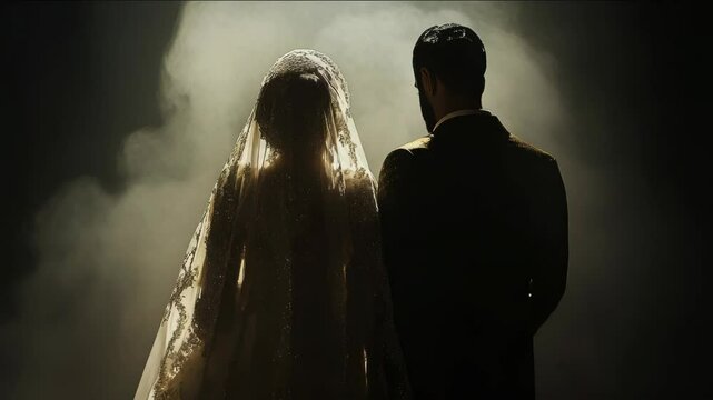 Newlywed couple standing in front of big moon. Nikah. Muslim wedding, bride in hijab and groom. Islamic wedding concept.