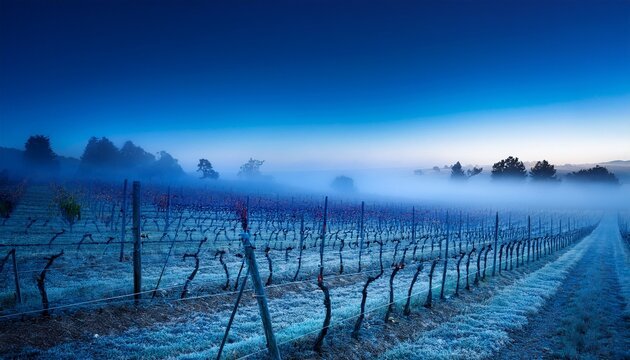 blue lodi grapevines in fog