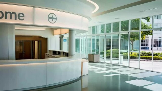 Welcome sign over curved reception desk in a bright modern hospital lobby area