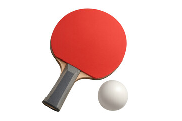 White ping pong ball hovering near red paddle, highlighting competitive sport equipment against clean transparent surface