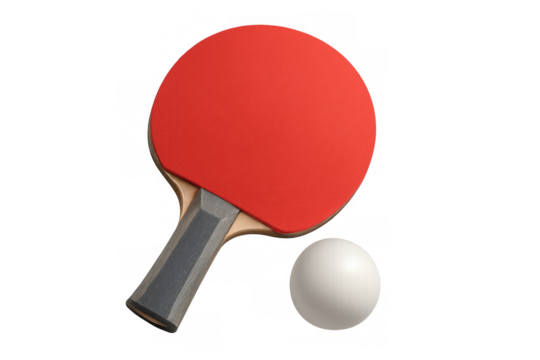 White ping pong ball hovering near red paddle, highlighting competitive sport equipment against clean transparent surface