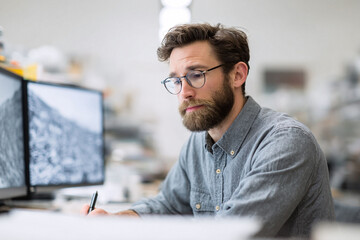 Focused professional at work. Man with beard and glasses reviews designs on dual monitors, while taking notes. Perfect for business, technology, architecture.