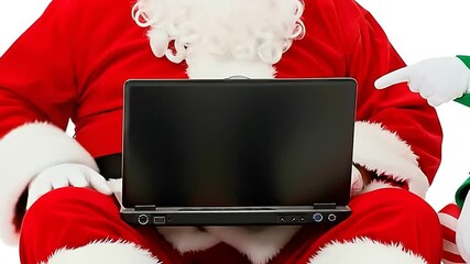 Santa claus using laptop with an elf pointing at the screen on a white background during christmas time - Powered by Adobe