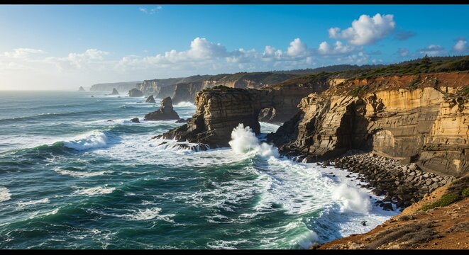 Ocean waves crashing against rocky cliffs with natural arch formation under a blue sky landscape